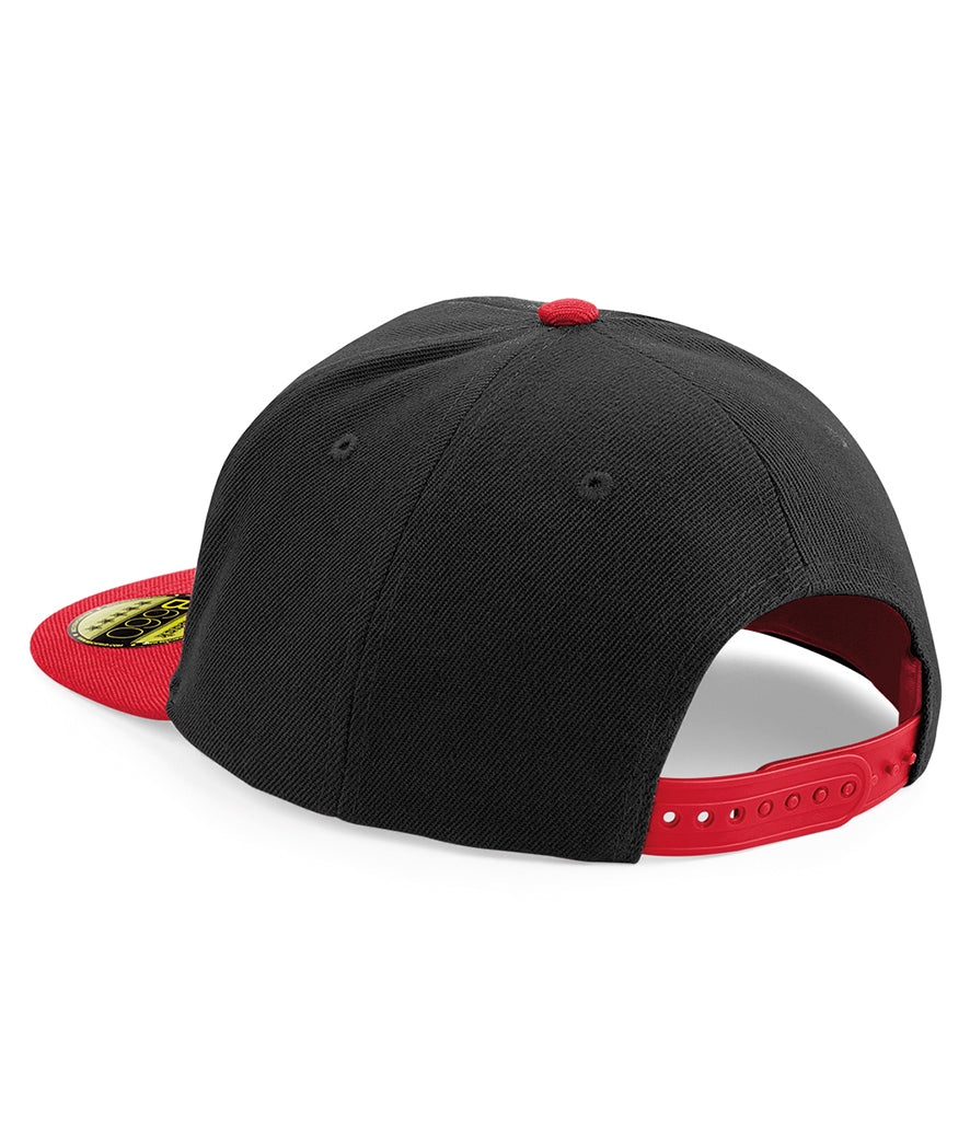 Beechfield Original Flat Peak Snapback Cap black and classic red back view with snapback adjustment