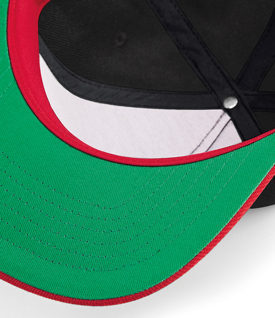 Beechfield Original Flat Peak Snapback Cap black and red green underside peak detail