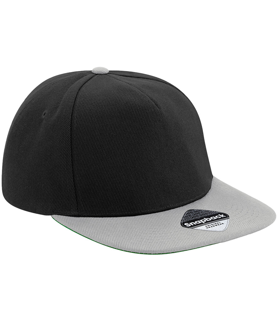 Beechfield Original Flat Peak Snapback Cap black and light grey front view
