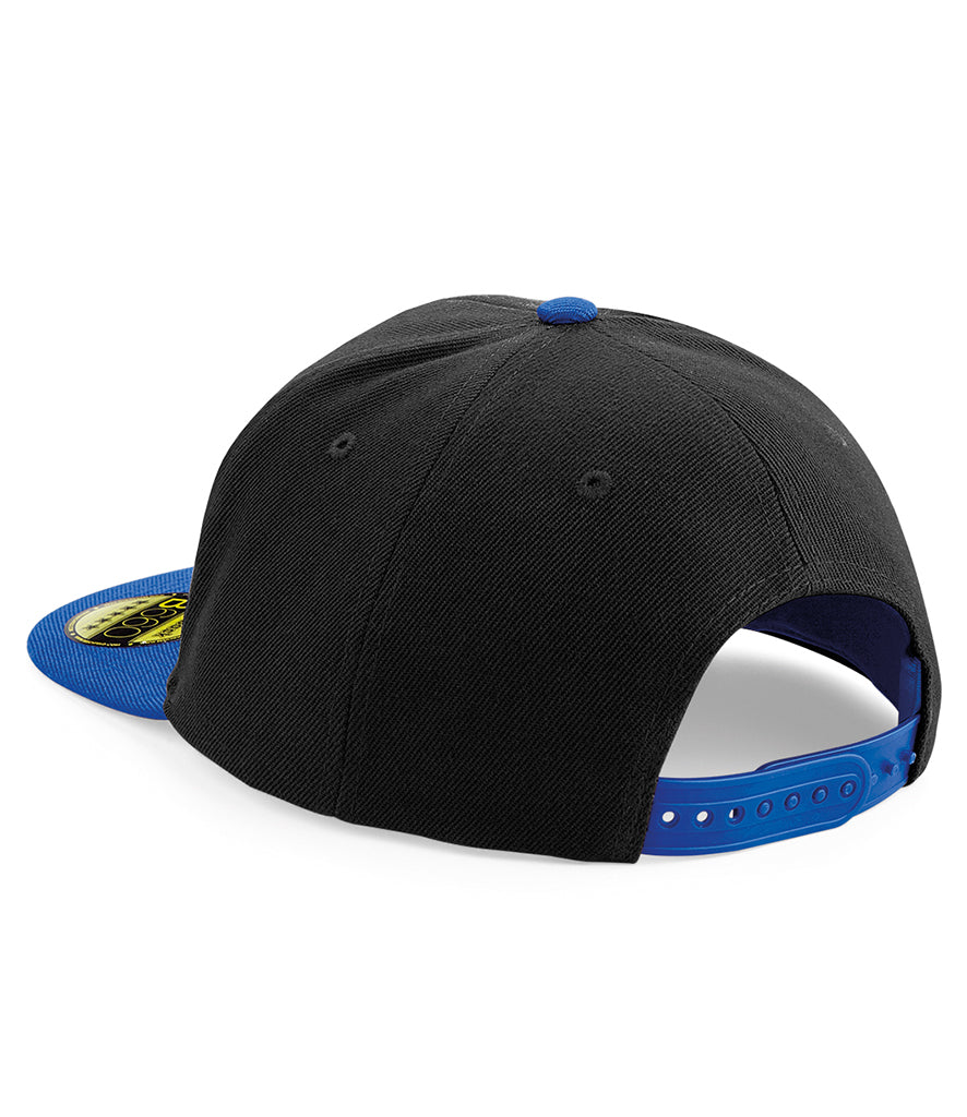 Beechfield Original Flat Peak Snapback Cap black and royal blue back view with adjustable snapback