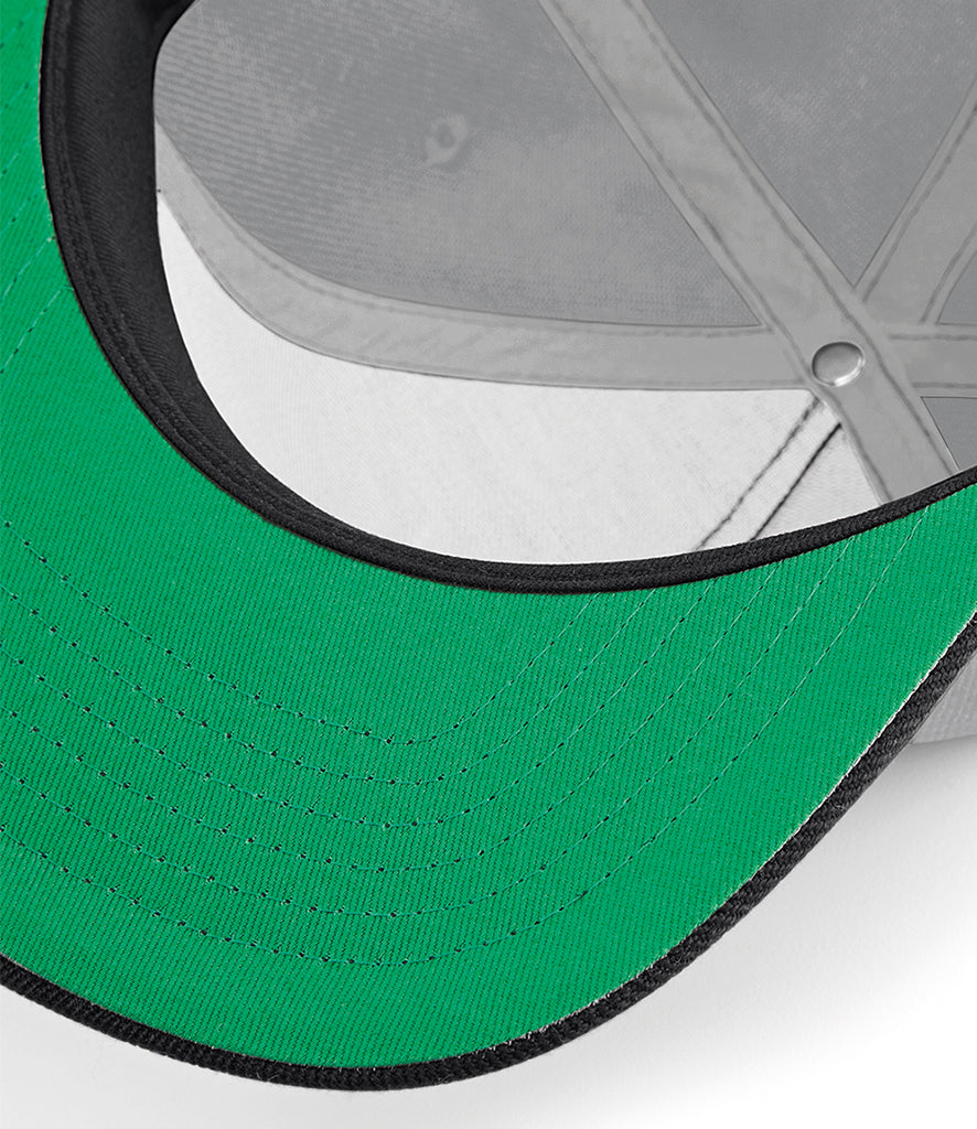 Beechfield Original Flat Peak Snapback Cap light grey and black green underside peak detail