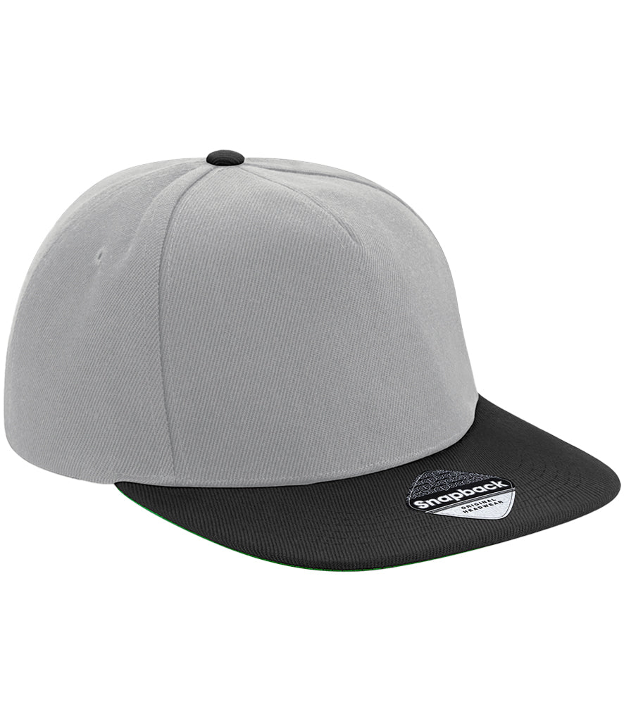 Beechfield Original Flat Peak Snapback Cap light grey and black front view