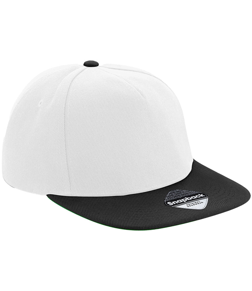 Beechfield Original Flat Peak Snapback Cap white and black front view