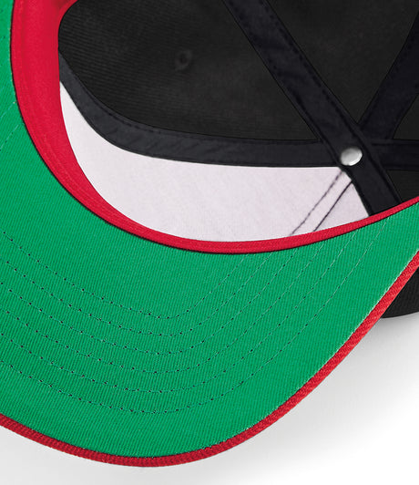 Beechfield Original Flat Peak Snapback Cap black and red green underside peak detail