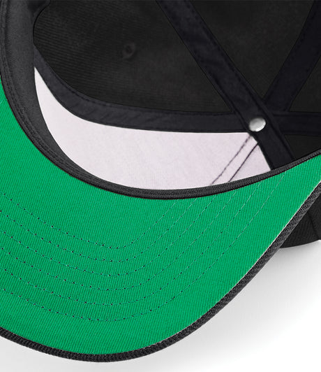 Beechfield Original Flat Peak Snapback Cap black green underside peak detail