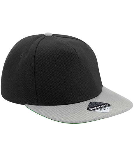 Beechfield Original Flat Peak Snapback Cap black and light grey front view
