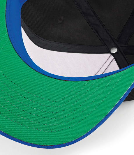 Beechfield Original Flat Peak Snapback Cap black and royal blue green underside peak detail