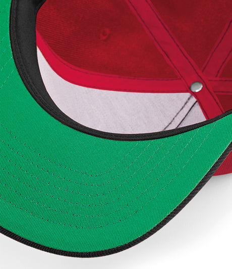 Beechfield Original Flat Peak Snapback Cap classic red and black green underside peak detail