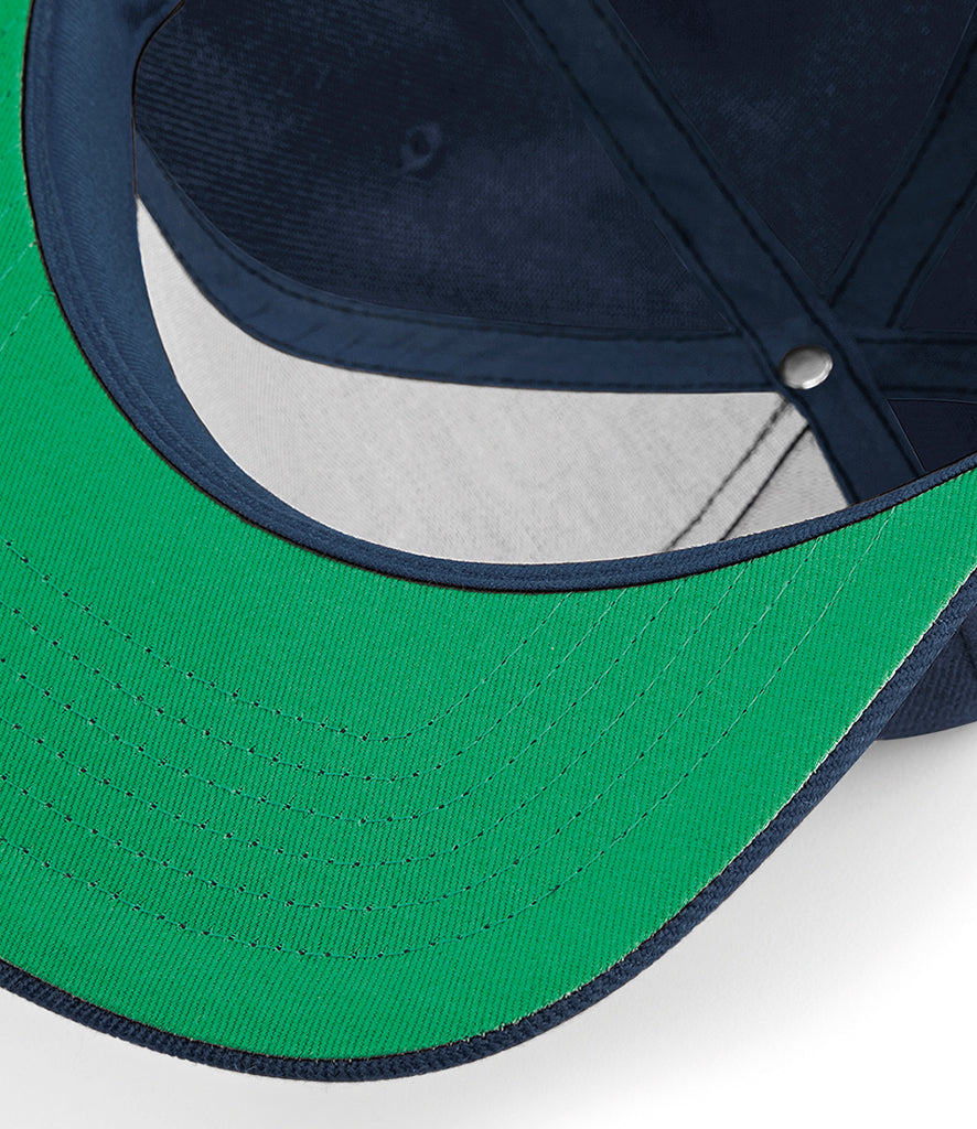 Beechfield Original Flat Peak Snapback Cap french navy green underside peak detail