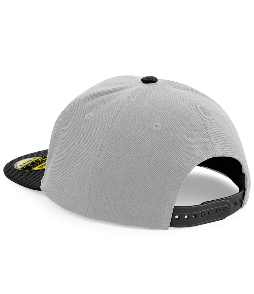 Beechfield Original Flat Peak Snapback Cap light grey and black back view with snapback closure