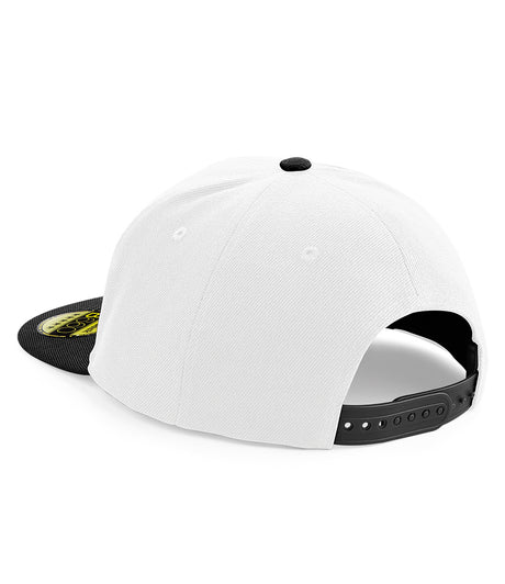 Beechfield Original Flat Peak Snapback Cap white and black back view with adjustable snapback