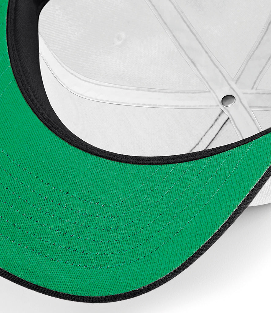 Beechfield Original Flat Peak Snapback Cap white and black green underside peak detail